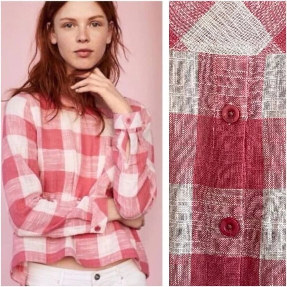 Cloth & Stone Plaid Top Sz‎ S Pink Linen Cotton Coastal Chic Back Buttons Casual